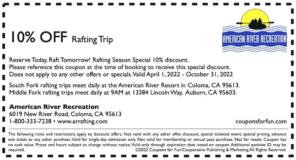 Savings coupon for American River Recreation in Coloma, California