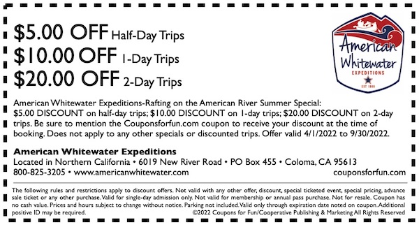 Savings coupn for American Whitewater Expeditions in Coloma, California