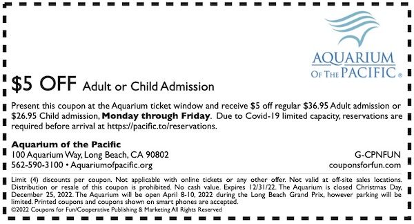 Savings coupon for Aquarium of the Pacific in Long Beach, Los Angeles, California for family fun and zoo, travel, things to do