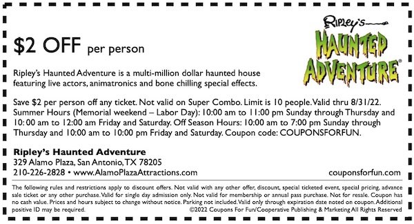 Savings coupon for Ripley's Haunted Adventures in San Antonio, Texas