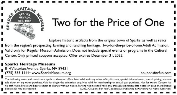 Savings coupon for the Sparks Heritage Museum in Sparks, Nevada