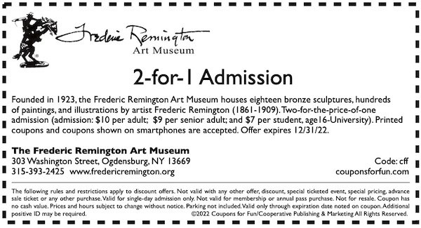 Savings coupon for Frederic Remington Art Museum in Ogdensburg, New York