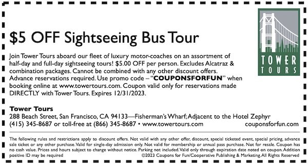 Savings coupon for Tower Tours in San Francisco, California