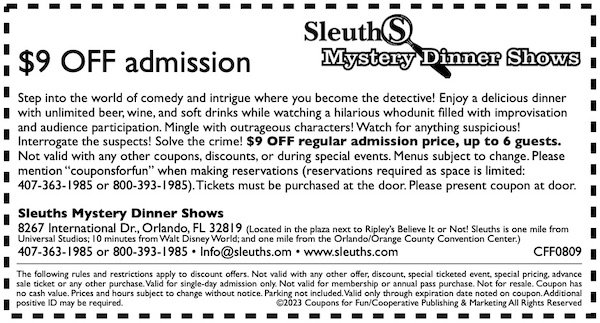 Savings coupon for Sleuths Mystery Dinner Show in Orlando, Florida