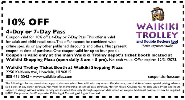 Savings coupon for the Waikiki Trolley on Oahu, Hawaii
