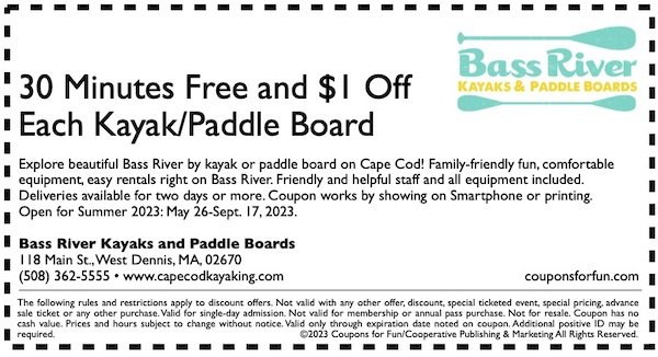 Savings coupon for Bass River Kayaks and Paddle Boards in West Dennis, Massachusetts