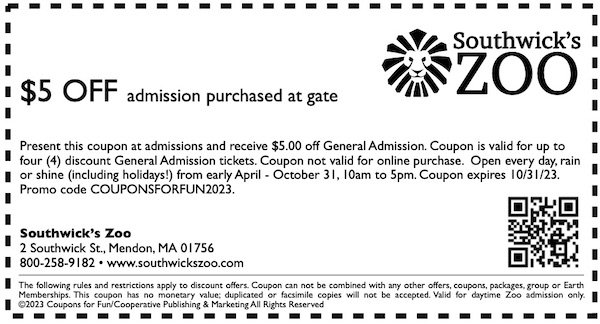 Savings coupon for Southwick's Zoo in Mendon, Massachusetts