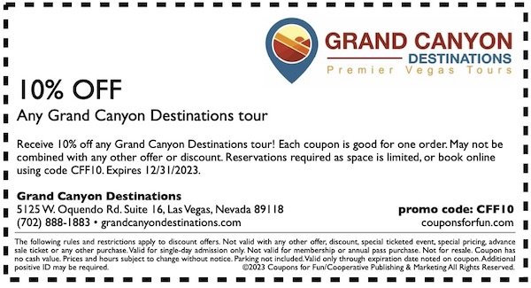 Savings coupon for Grand Canyon Destinations in Las Vegas, Nevada
