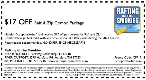 Get savings coupon for $17 off raft and zip package at Rafting in the Smokies in Gatlinburg, Tennessee