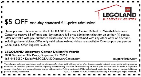 Savings coupon for LEGOLAND Discovery Center in Dallas/Ft. Worth, Texas
