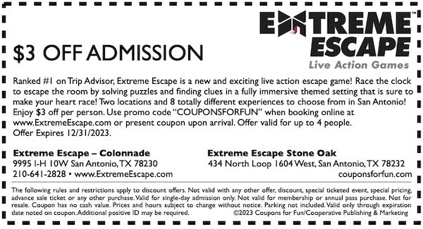 Savings coupon for Extreme Escape in San Antonio, Texas