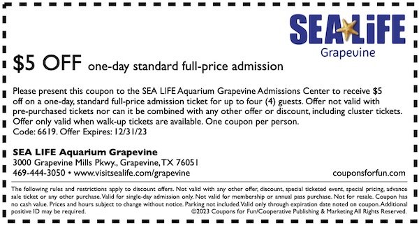Savings coupon for SEA LIFE Aquarium in Grapevine/Dallas, Texas