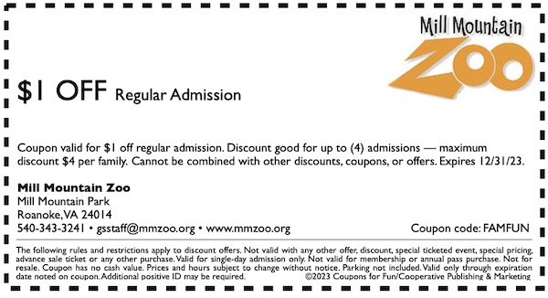 Savings coupon for Mill Mountain Zoo in Roanoke, Virginia