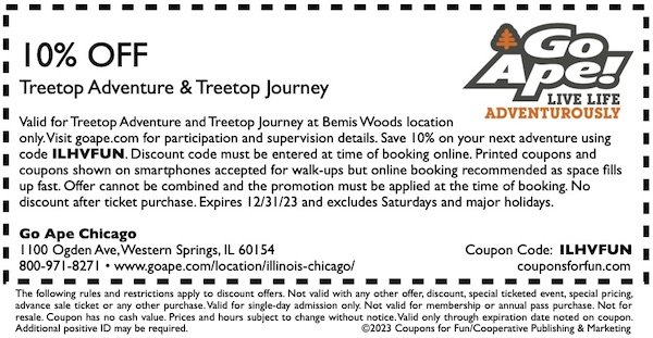Savings coupon for Go Ape Bemis Woods in Western Springs, Illinois