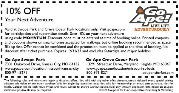 Savings coupon for Go Ape Swope Park in Kansas City and Go Ape Creve Coeur in St. Louis, Missouri