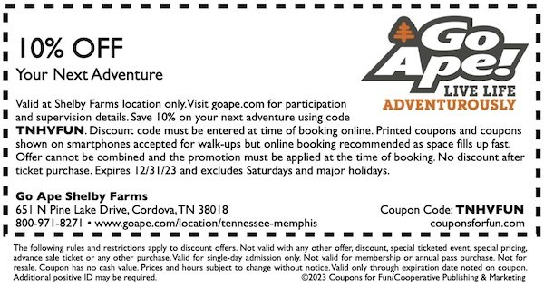 Savings coupon for Go Ape Shelby Farms in Memphis, Tennessee