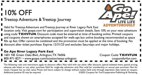 Savings coupon for Go Ape River Legacy Park East in Arlington, Texas