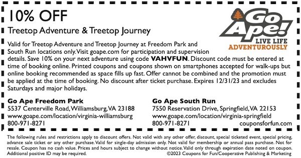 VA Go Ape VA Freedom Park & Go Ape South Run coupon 2019
