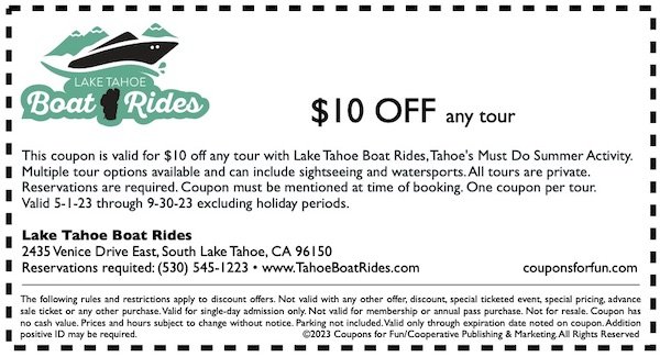 Savings coupon for Lake Tahoe Boat Rides in South Lake Tahoe, California