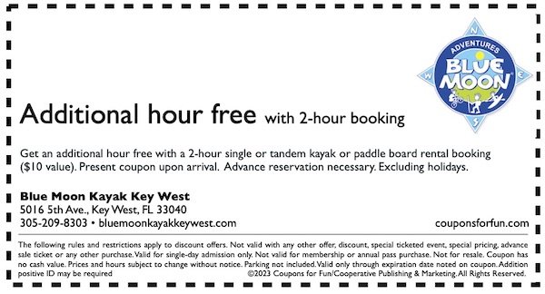 Savings coupon for Blue Moon Outdoor Adventures in Key West, Florida