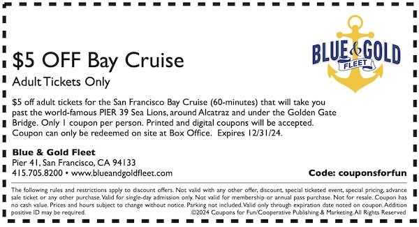 Savings coupon for the Blue and Gold Fleet in San Francisco, California.
