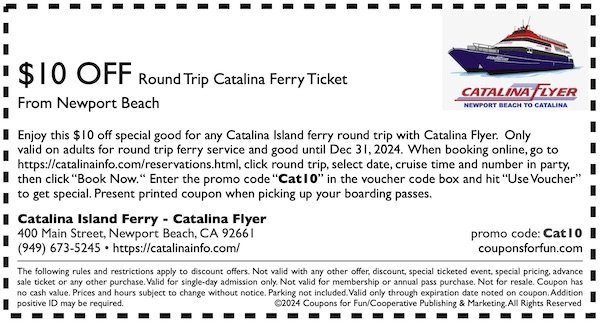 Savings coupon for Catalina Flyer - Newport Beach to Avalon