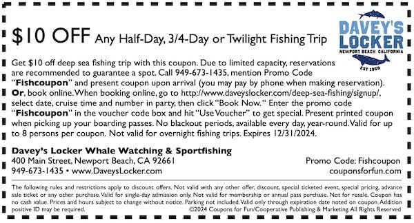 Savings coupon for Davey's Locker Fishing Trip in Newport Beach, California