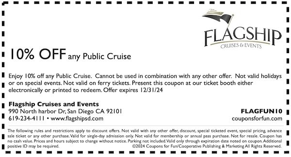 Savings coupon for Flagship Cruises and Events in San Diego, California - sightseeing tour