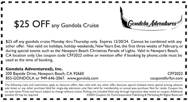 Savings coupon for Gondola Adventures in Newport Beach, California