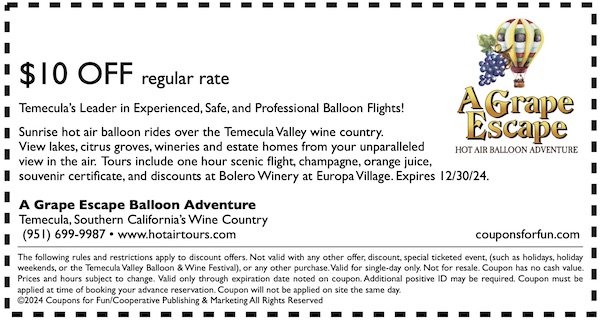 Savings coupon for A Grape Escape Adventure in Temecula, California - hot air balloon, travel, things to do