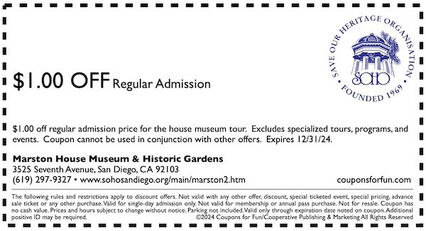 Savings coupon for the Marston House Museum in San Diego, California