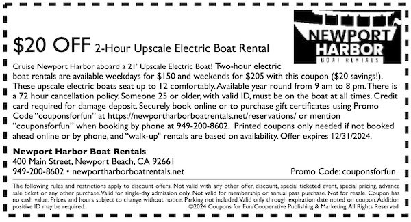 Savings coupon for Newport Harbor Boat Rentals in Newport Beach, California - tours