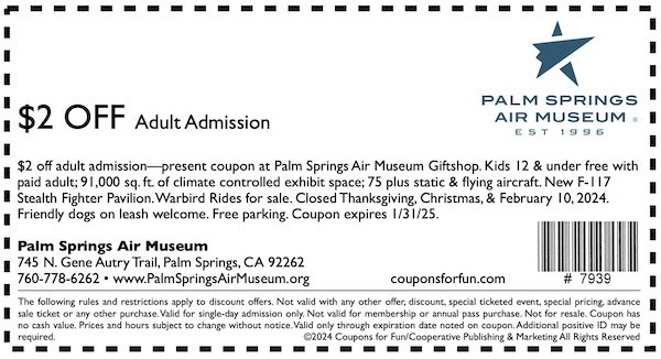 Savings coupon for Palm Springs Air Museum in Palm Springs, California