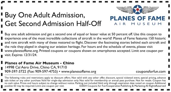 Savings coupon for Planes of Fame Air Museum in Chino, California