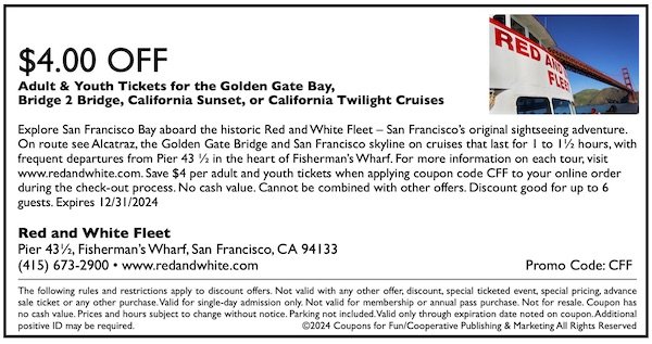 Savings coupon for the Red a& White Fleet in San Francisco, California