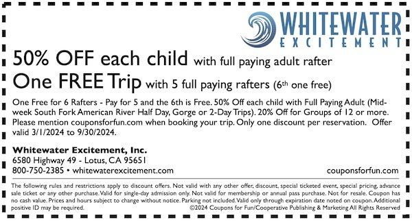 Savings coupon for Whitewater Excitement in Lotus, California