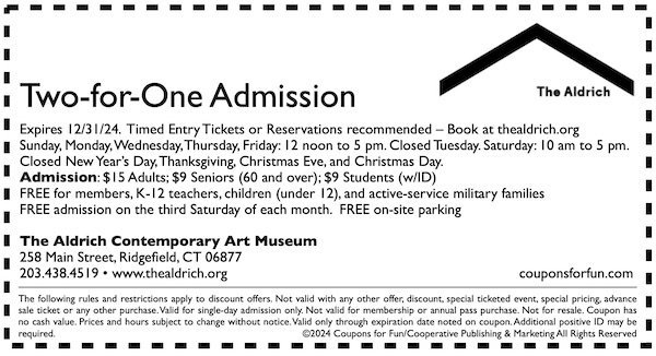 Savings coupon for Aldrich Contemporary Art Museum in Ridgefield, Connecticut
