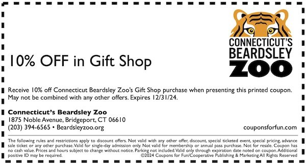 Savings coupon for Connecticut's Beardsley Zoo in Bridgeport, Connecticut.