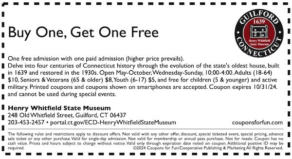 CT Henry Whitfield State Museum coupon 2019