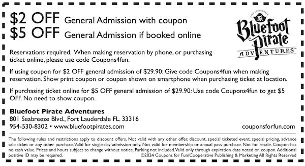 Savings coupon for Bluefoot Pirate Family Adventures in Fort Lauderdale, Florida