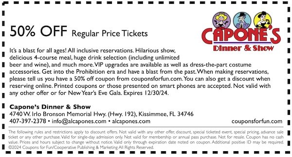 Savings coupon for the Capone's Dinner & Show in Kissimmee, Florida