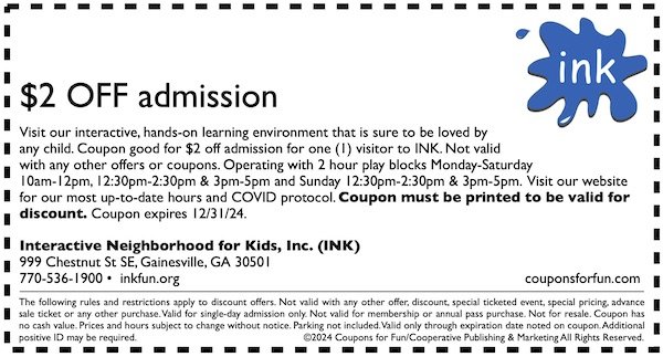 Savings coupon for Interactive Neighborhood for Kids in Gainsesville, Georgia