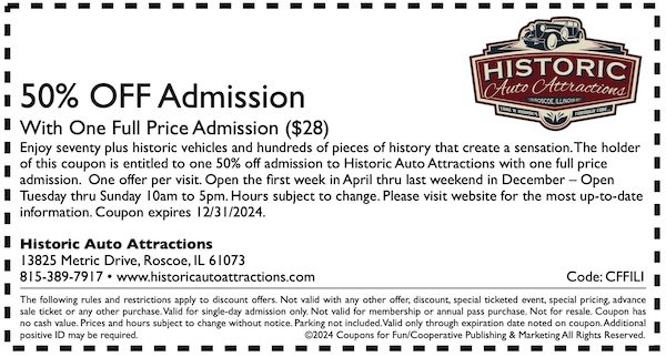 Savings coupon for Historic Auto Attractions in Rosco, Illinois