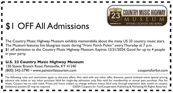 Savings coupon for the U.S. 23 Country Music Highway Museum in Paintsville, Kentucky