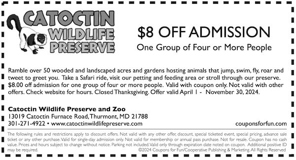 Savings coupon for Catoctin Reserve and Zoo in Thurmont, Maryland