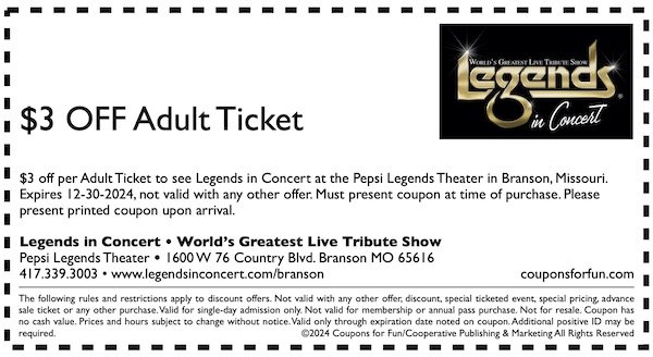 Savings coupon for Legends in Concert in Branson, Missouri
