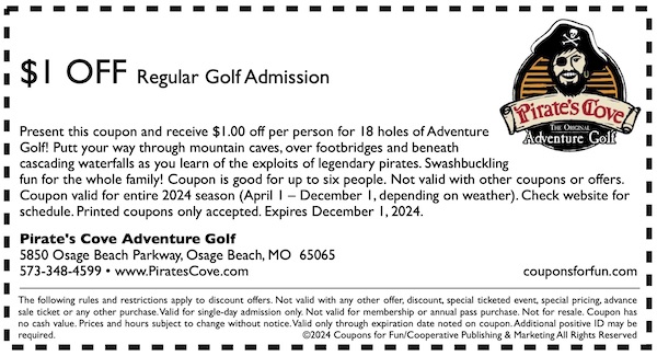 Savings coupon for Pirate's Cove Adventures in Osage Beach, Missouri
