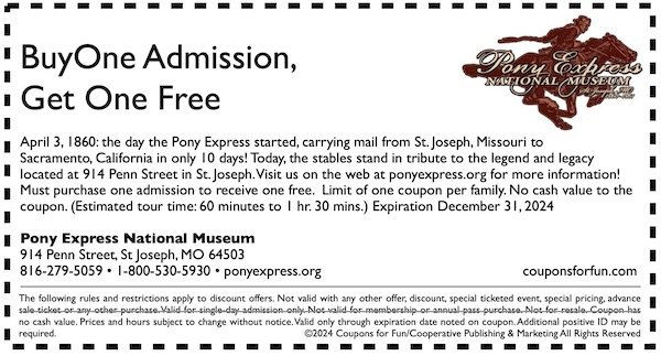 Savings coupon for the Pony Express National Museum in St. Joseph, Missouri
