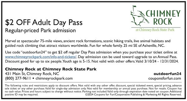 Savings coupon for Chimney Rock State Park in Chimney Rock, North Carolina