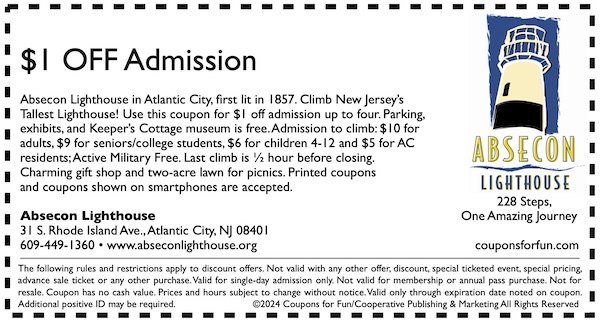 Savings coupon for the Absecon Lighthouse in Atlantic City, New Jersey
